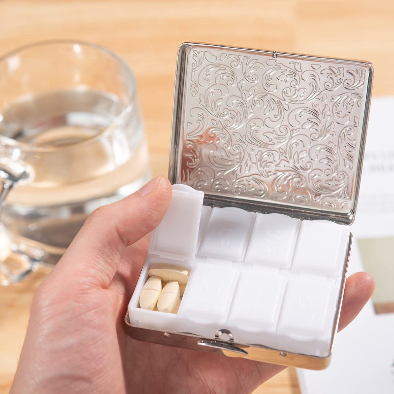 EYIDADAE Fashion Elegant Medicine Portable Double Protection Switch Metal Travel Pill Box (7 Days) /8 Compartment (Light Silver) - Image 5