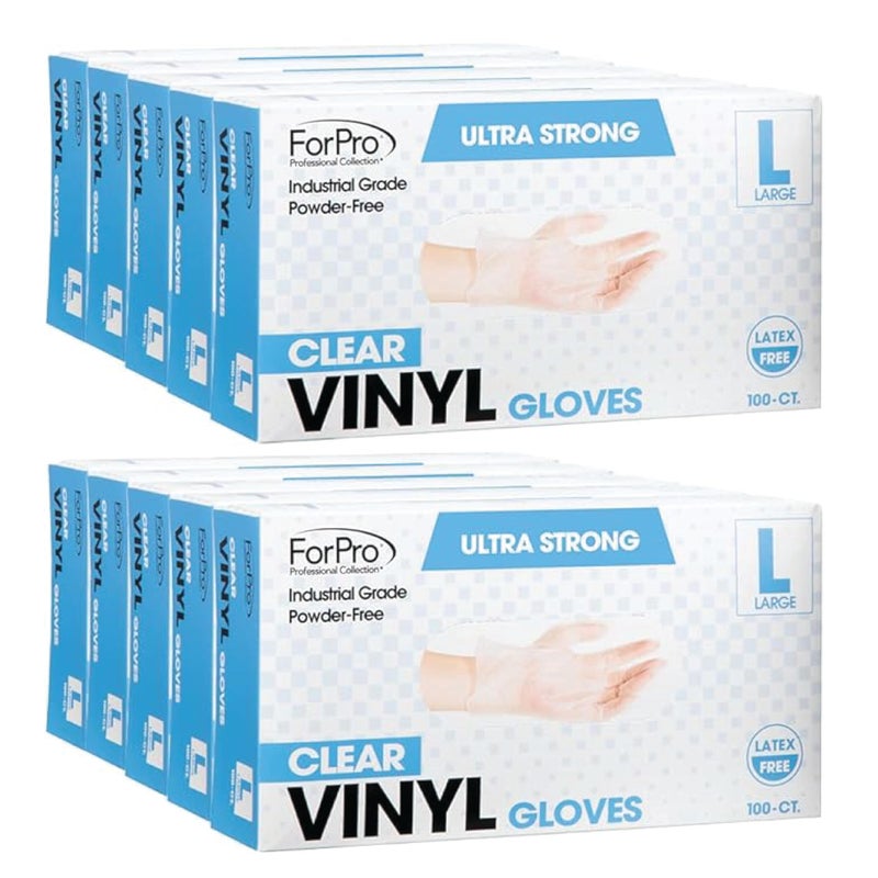 ForPro Disposable Vinyl Gloves Clear Industrial Grade PowderFree LatexFree NonSterile Food Safe 275 Mil Palm 39 Mil Fingers Large 100Count Pack of 10