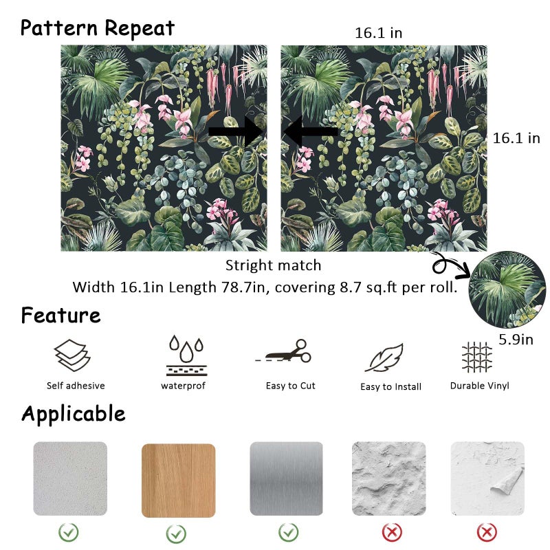 Ismoon Green Wallpaper Peel and Stick Vintage Floral Stick on Wall Paper 16.1x78.7in Moody Tropical Contact Paper Jungle Dark Botanical Leaf Removable Self Adhesive Wallpaper for Bedroom, Black/Green - Image 2