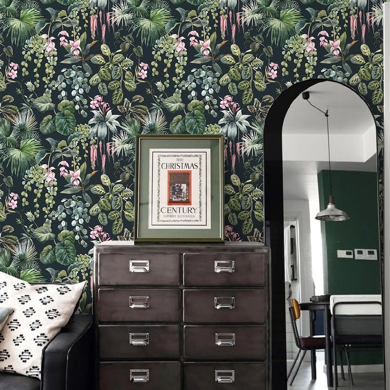 Ismoon Green Wallpaper Peel and Stick Vintage Floral Stick on Wall Paper 16.1x78.7in Moody Tropical Contact Paper Jungle Dark Botanical Leaf Removable Self Adhesive Wallpaper for Bedroom, Black/Green - Image 1