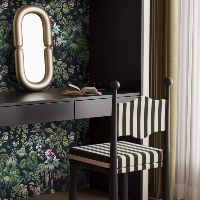 Ismoon Green Wallpaper Peel and Stick Vintage Floral Stick on Wall Paper 16.1x78.7in Moody Tropical Contact Paper Jungle Dark Botanical Leaf Removable Self Adhesive Wallpaper for Bedroom, Black/Green - Image 4