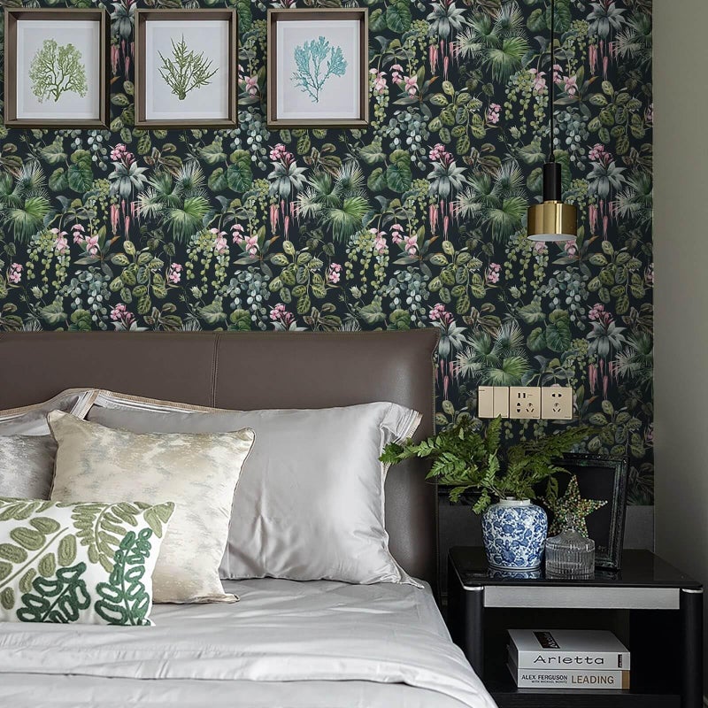 Ismoon Green Wallpaper Peel and Stick Vintage Floral Stick on Wall Paper 16.1x78.7in Moody Tropical Contact Paper Jungle Dark Botanical Leaf Removable Self Adhesive Wallpaper for Bedroom, Black/Green - Image 5