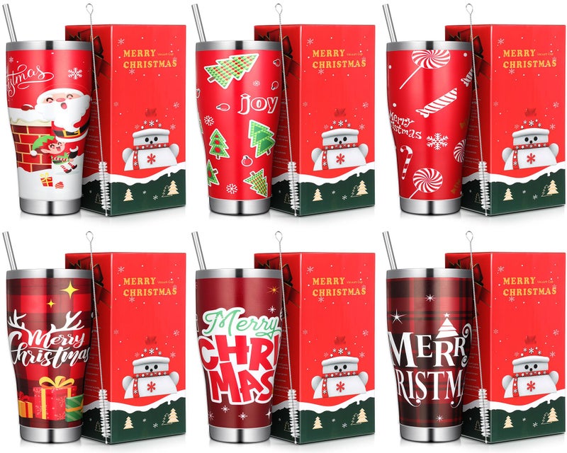 Mifoci 6 Pcs Christmas Tumblers 30oz Stainless Steel Christmas Travel Coffee Cup Double Insulated Vacuum Tumbler with Lid Straw Santa Claus Holiday Mug Gifts for Women Men FriendNovelty