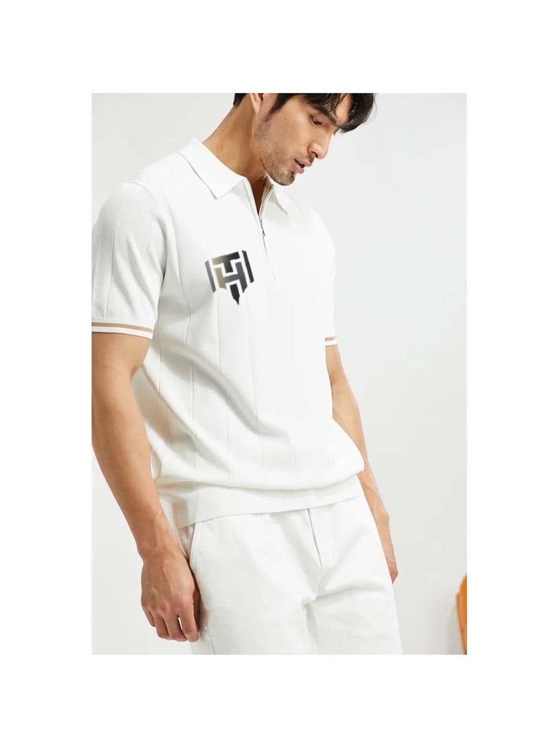 Huitich Men's Summer Polo Shirt – White, Half-Zip, Short Sleeve, Ribbed Texture Size XL  - Image 2