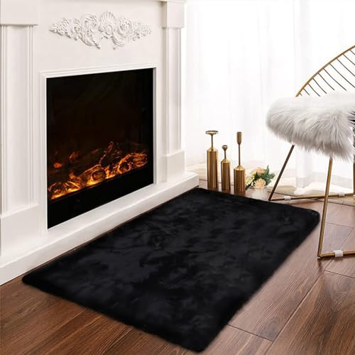 Latepis Small Black Fluffy Rug 2x3 Throw Faux Rabbit Fur Soft Rug Washable Furry Shag Rugs for Bedroom Dorm Nursery Chair Seat Cover Shaggy Cute Rugs for Room - Image 1
