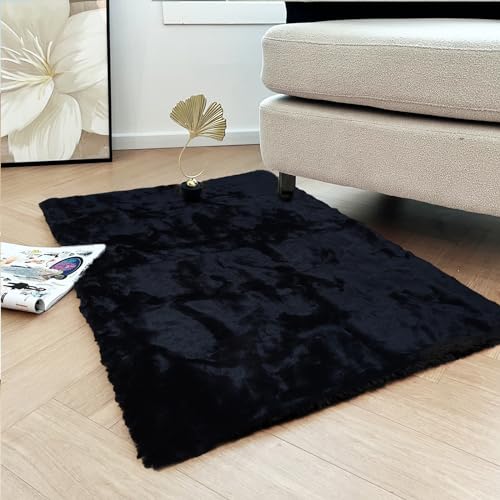 Latepis Small Black Fluffy Rug 2x3 Throw Faux Rabbit Fur Soft Rug Washable Furry Shag Rugs for Bedroom Dorm Nursery Chair Seat Cover Shaggy Cute Rugs for Room - Image 3