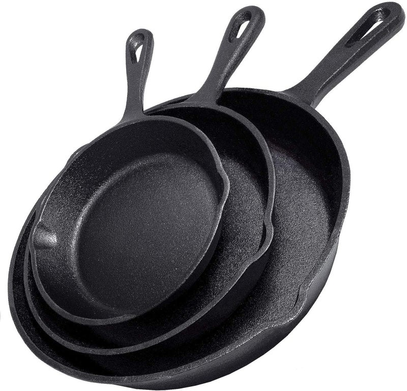Simple Chef Simple Chef Cast Iron Skillet 3Piece Set  HeavyDuty Professional Restaurant Chef Quality PreSeasoned Pan Cookware Set  10 8 6 Pans  For Frying Saute Cooking Pizza  MoreBlack 