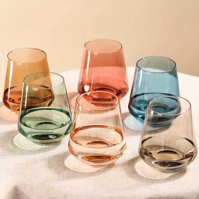 Colored Stemless Wine Glasses Set of 6 17 oz HandBlown Crystal Colored Glassware with no Stem Multicolor Glassware for Lovers Wedding Birthday Valentiness Day Housewarming Gifts for Women