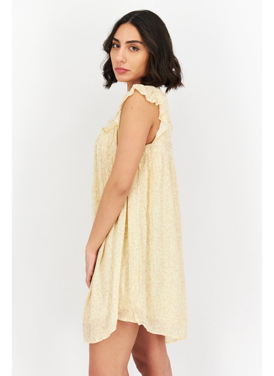 Gentle Fawn - Women Allover Print Flutter Sleeve Mini Dress, Yellow Combo - Image 1