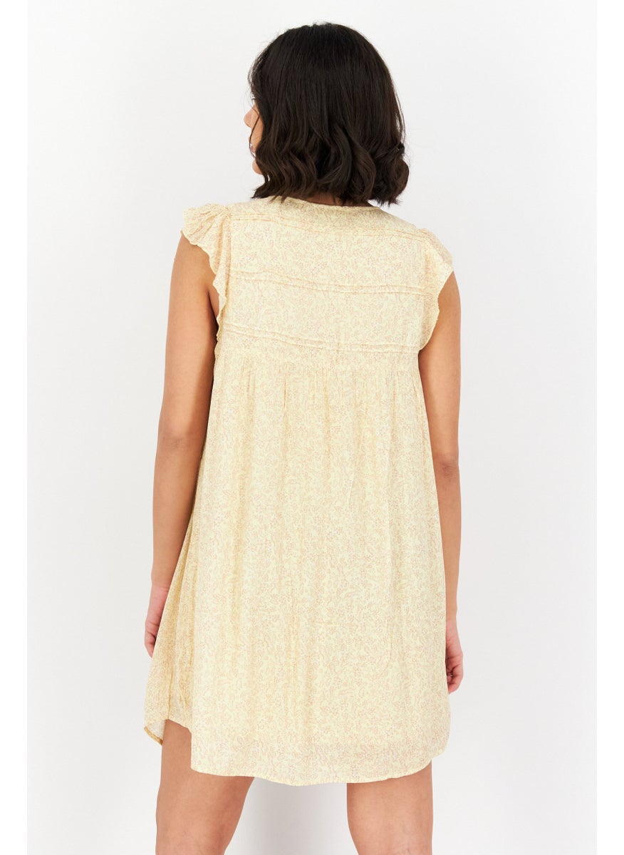 Gentle Fawn - Women Allover Print Flutter Sleeve Mini Dress, Yellow Combo - Image 1