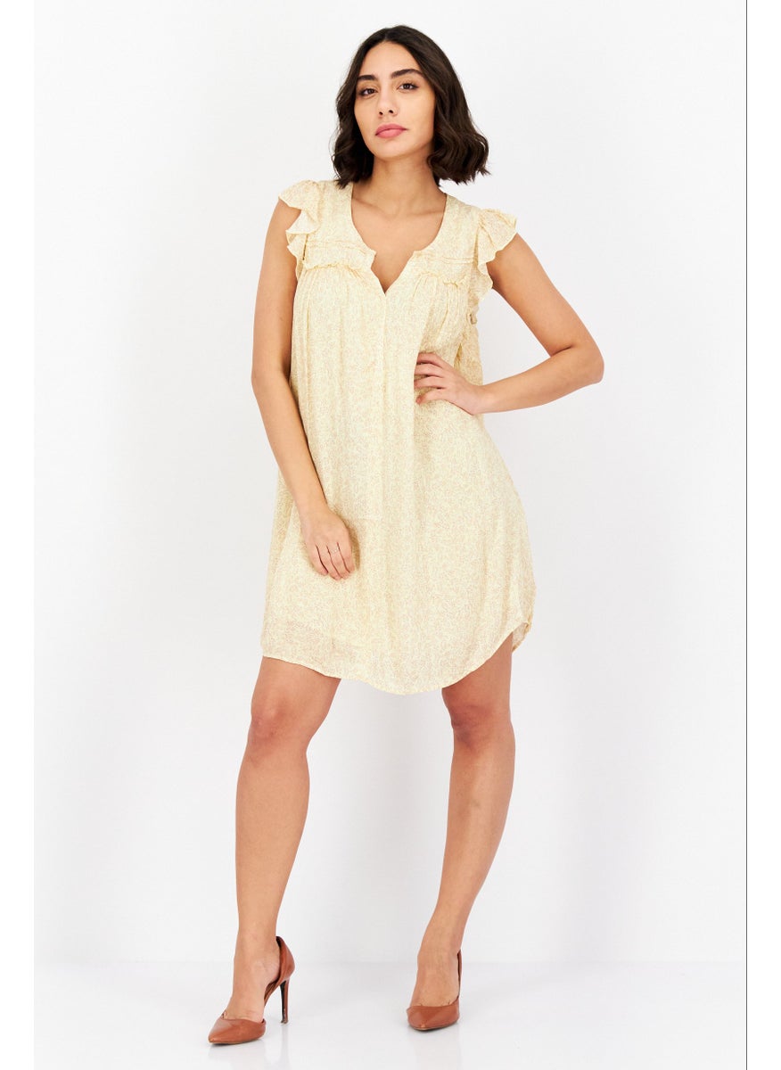 Gentle Fawn - Women Allover Print Flutter Sleeve Mini Dress, Yellow Combo - Image 1