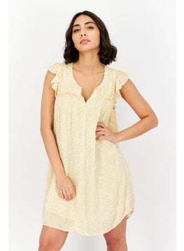 Women Allover Print Flutter Sleeve Mini Dress, Yellow Combo