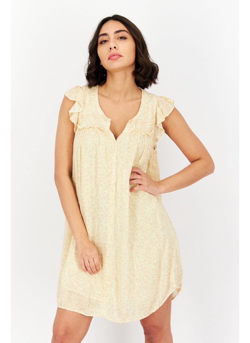 Gentle Fawn - Women Allover Print Flutter Sleeve Mini Dress, Yellow Combo - Image 1