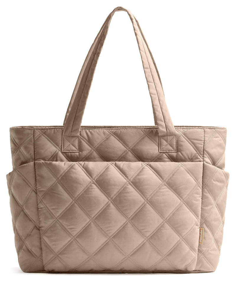 Uselike Tote Bag for Women, Lightweight Puffer Tote Work Bags with Compartments for Travel, Quilted Shoulder Bag with Zipper (Light Khaki) - Image 1