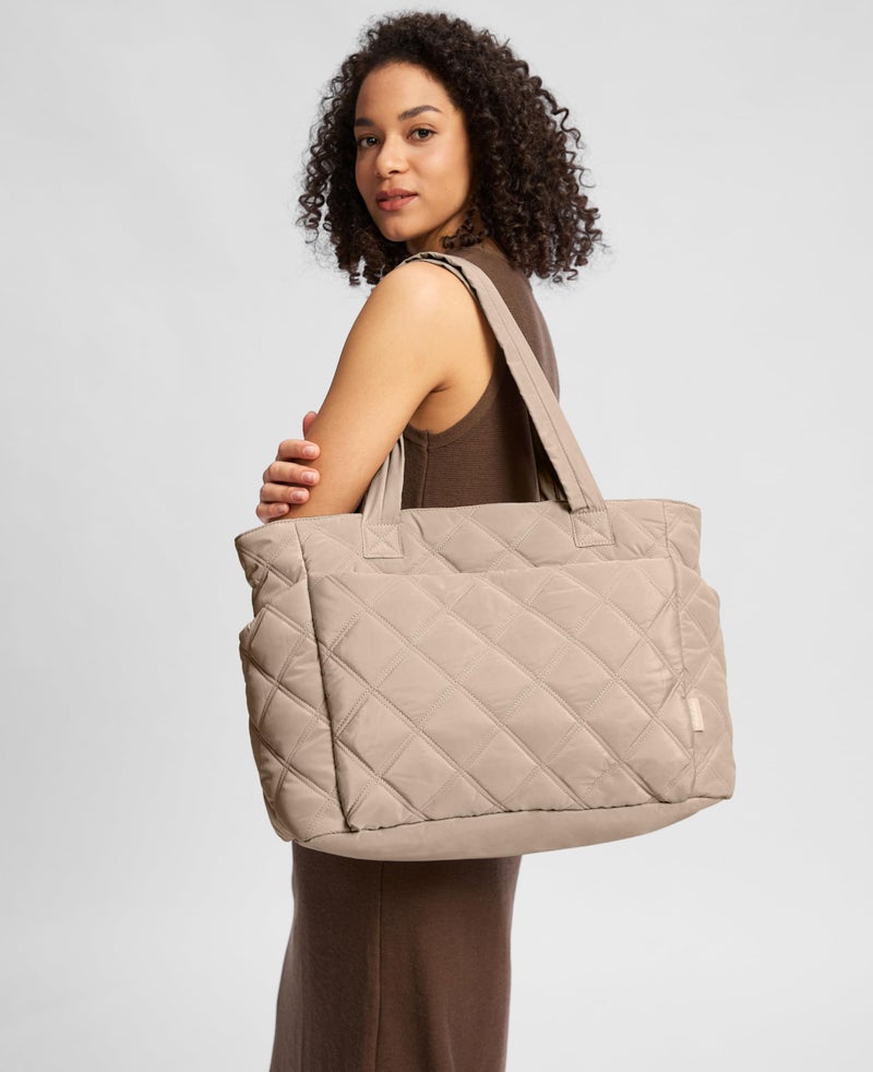 Uselike Tote Bag for Women, Lightweight Puffer Tote Work Bags with Compartments for Travel, Quilted Shoulder Bag with Zipper (Light Khaki) - Image 2