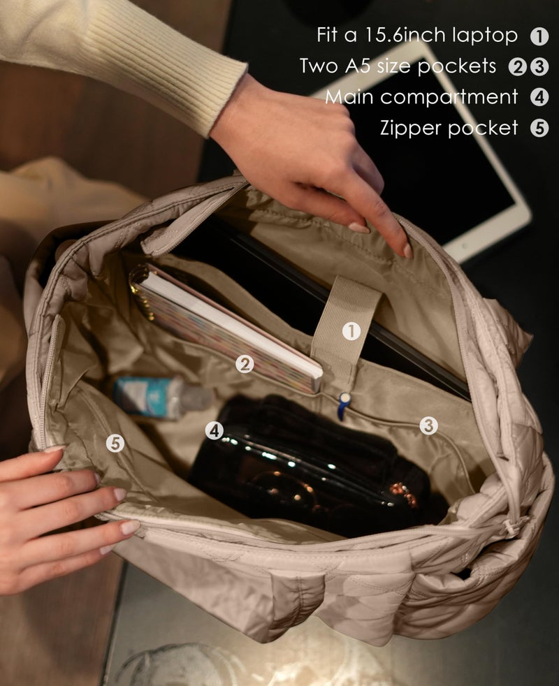 Uselike Tote Bag for Women, Lightweight Puffer Tote Work Bags with Compartments for Travel, Quilted Shoulder Bag with Zipper (Light Khaki) - Image 4