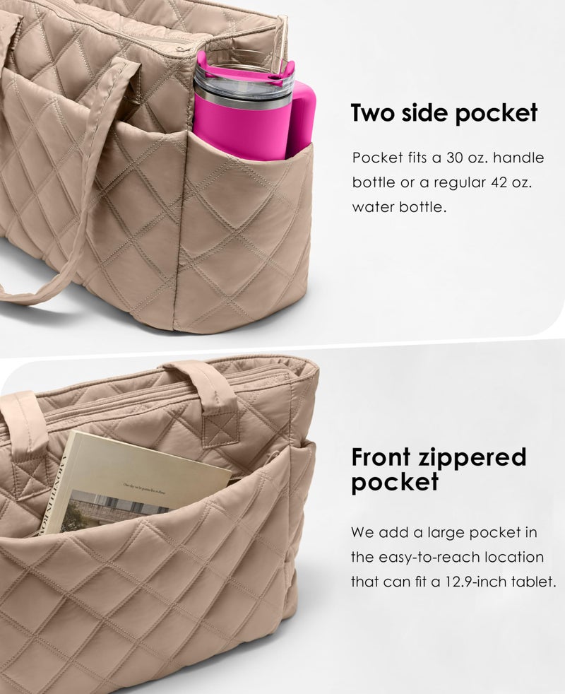 Uselike Tote Bag for Women, Lightweight Puffer Tote Work Bags with Compartments for Travel, Quilted Shoulder Bag with Zipper (Light Khaki) - Image 3