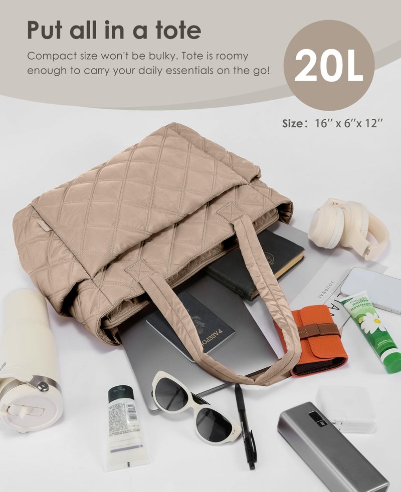 Uselike Tote Bag for Women, Lightweight Puffer Tote Work Bags with Compartments for Travel, Quilted Shoulder Bag with Zipper (Light Khaki) - Image 5