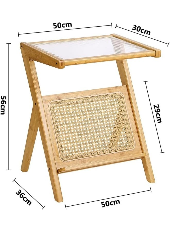 Bamboo End Table with Glass Top & Rattan Storage Shelf, Modern Accent Side Table - Image 5