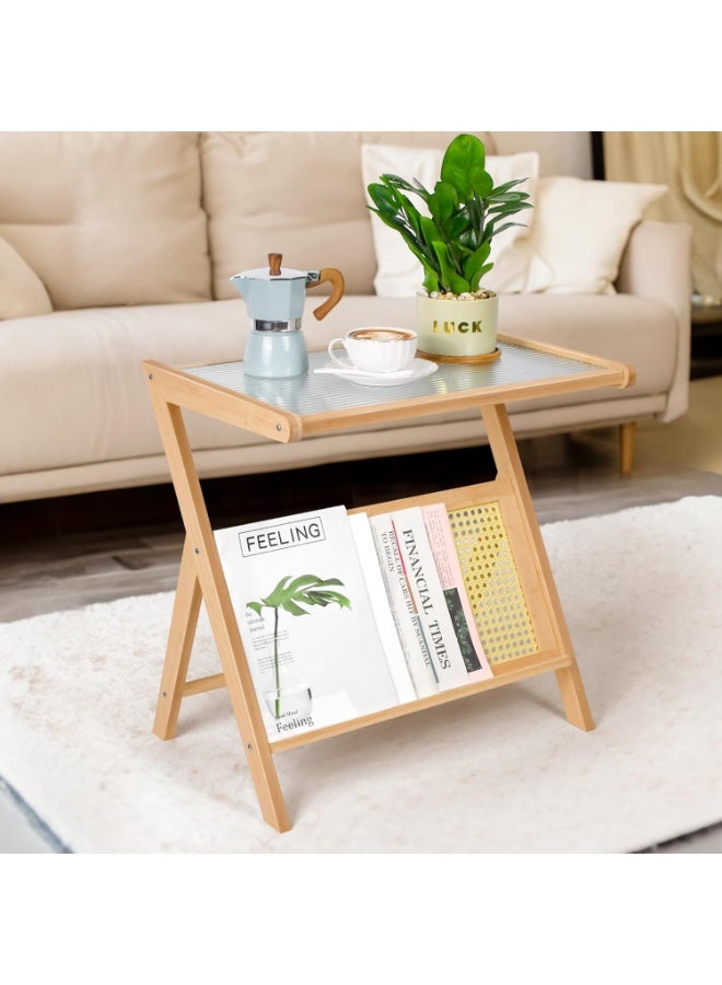 Bamboo End Table with Glass Top & Rattan Storage Shelf, Modern Accent Side Table - Image 2