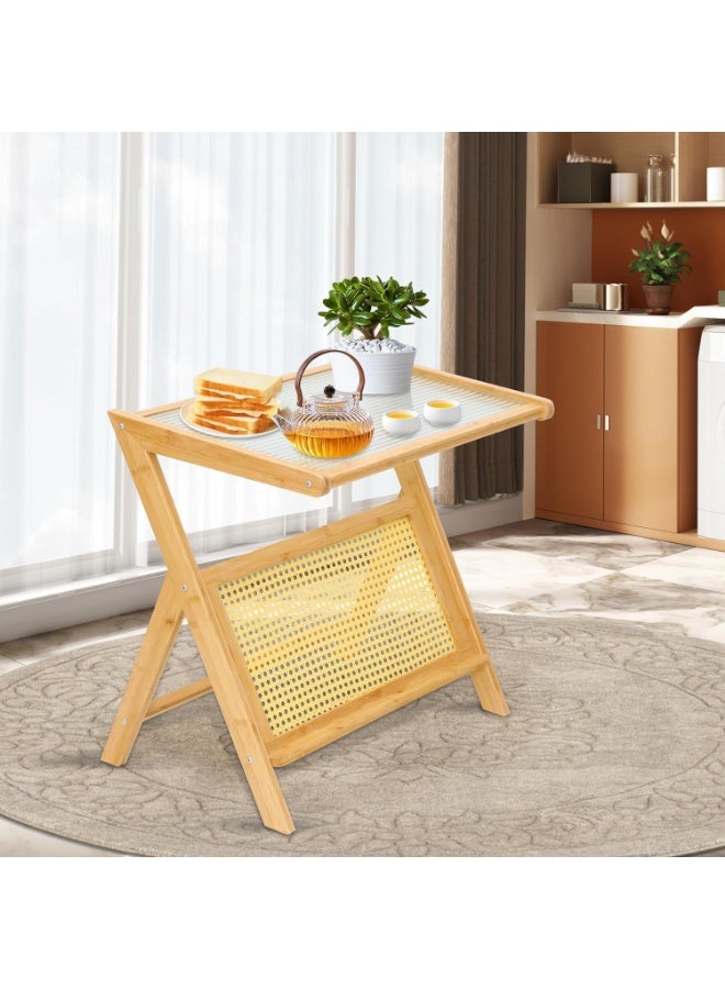 Bamboo End Table with Glass Top & Rattan Storage Shelf, Modern Accent Side Table - Image 3