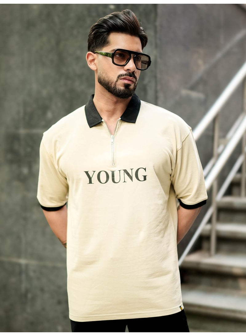 Maniac Mens Printed Half Zipper Polo Neck Half Sleeve Biscuit and Black Cotton T-Shirt - Image 4