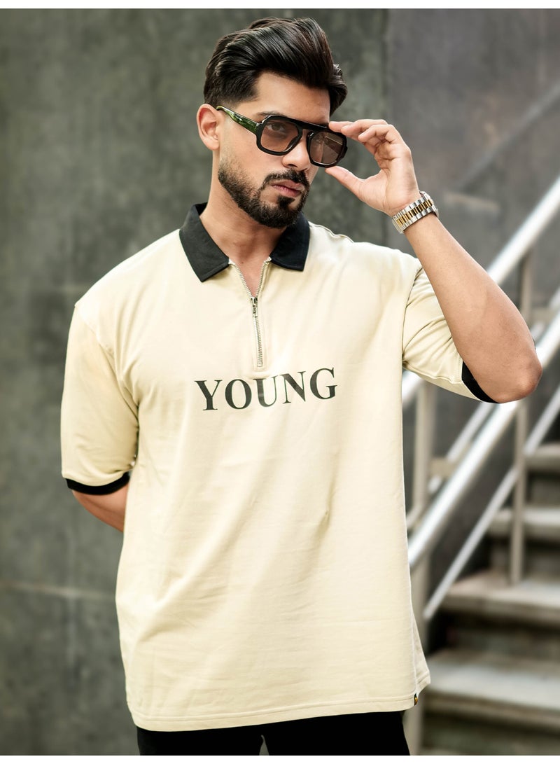 Maniac Mens Printed Half Zipper Polo Neck Half Sleeve Biscuit and Black Cotton T-Shirt - Image 1