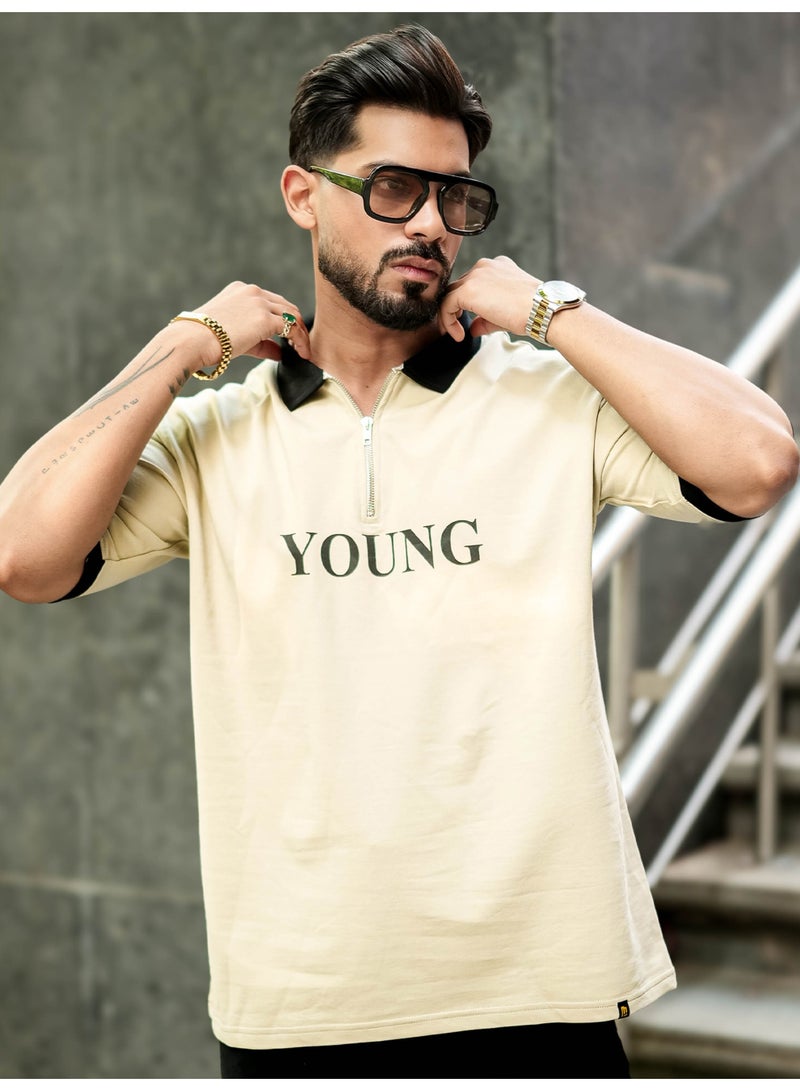 Maniac Mens Printed Half Zipper Polo Neck Half Sleeve Biscuit and Black Cotton T-Shirt - Image 5