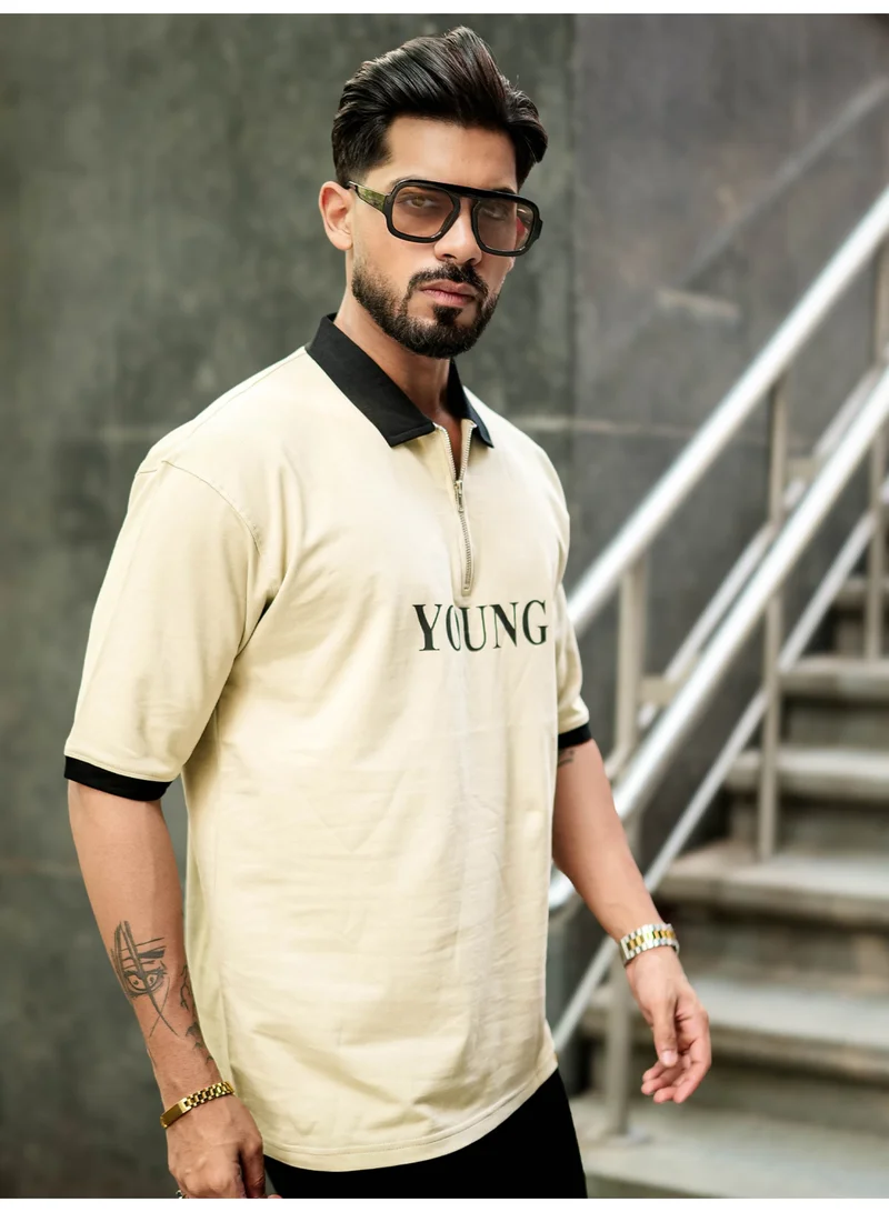 Maniac Maniac Mens Printed Half Zipper Polo Neck Half Sleeve Biscuit and Black Cotton T-Shirt