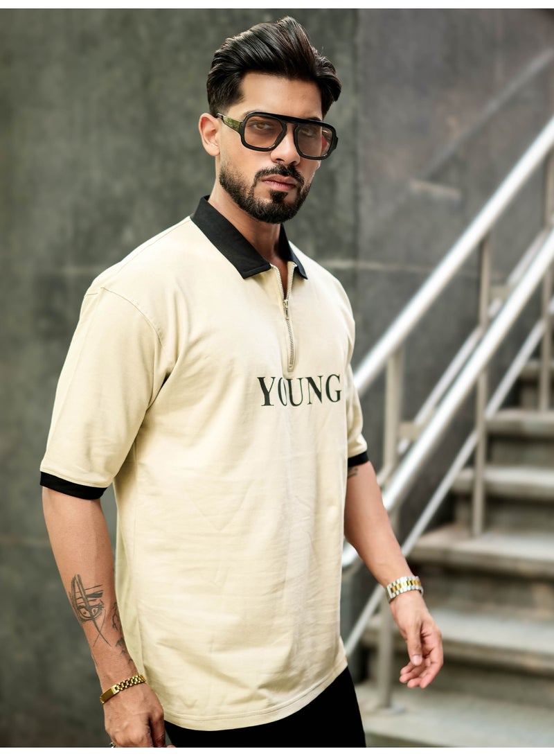 Maniac Mens Printed Half Zipper Polo Neck Half Sleeve Biscuit and Black Cotton T-Shirt - Image 2