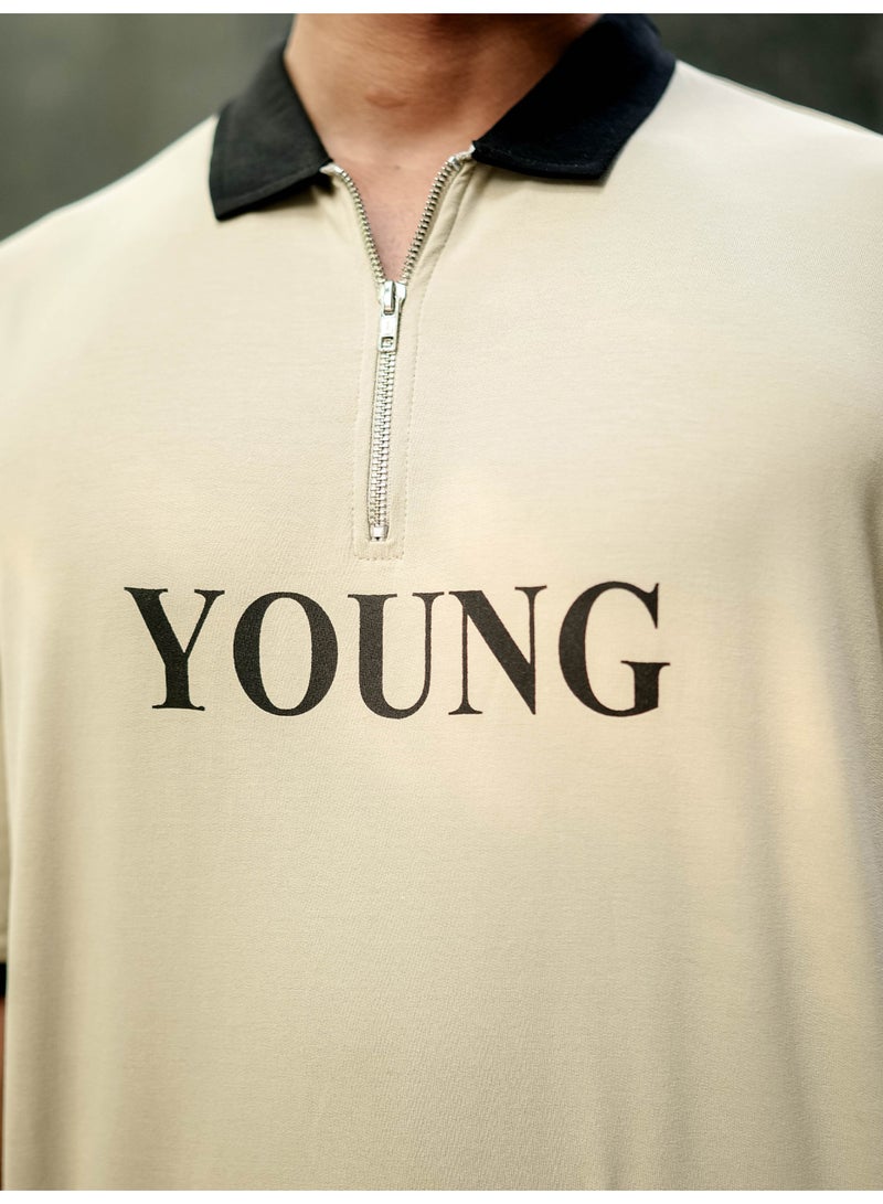 Maniac Mens Printed Half Zipper Polo Neck Half Sleeve Biscuit and Black Cotton T-Shirt - Image 3