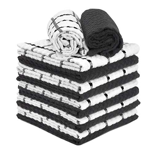 TALVANIA Kitchen Dish Towels 100 Cotton Dobby Weave Terry Towel Set 12 Pack Soft and Absorbent Multipurpose Dish Cloth Hand Towel and All Kitchen Cleaning 15 X 25 Washable Black White - Image 1
