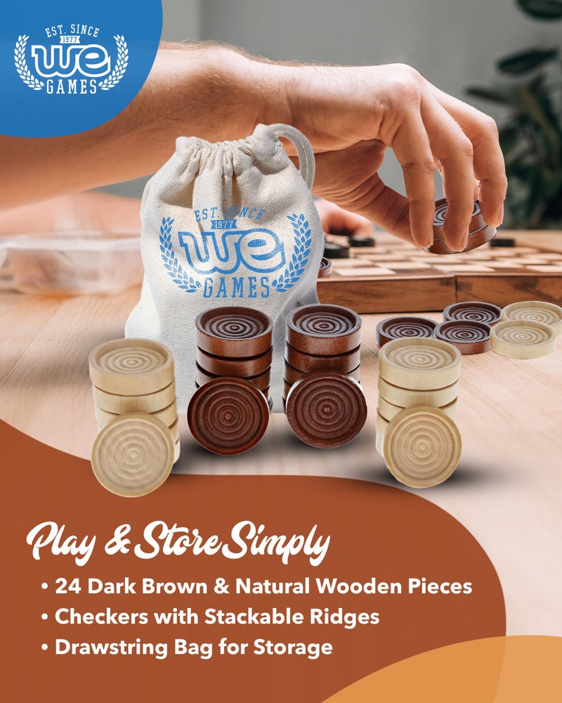 WE Games قطع لعبة الداما فقط من WE Games، قطع لعبة الداما الخشبية، 24 قطعة بنية داكنة وطبيعية قابلة للتكديس، حقيبة تخزين بسحاب، 1.062 بوصة في القطر - Image 4