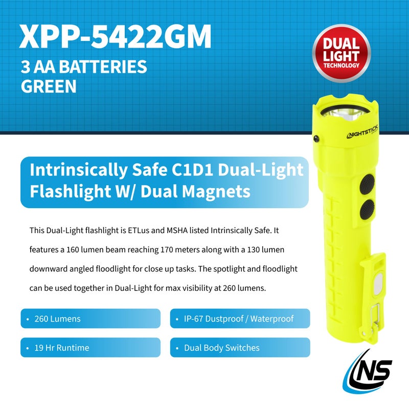 Nightstick XPP-5422GM Intrinsically Safe Dual-Light Flashlight w/Magnets-3 AA (not Included) -Green-UL913, Multicolor - Image 2