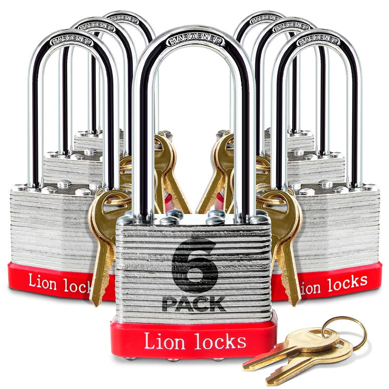 Lion Locks 6 Keyed Alike Padlocks with 2" Long Shackle, 12 Keys - Padlocks for Outdoor Use, Locks with Keys, Hardened Steel Case, Pick Resistant Brass Pin Cylinder for Hasp Latch, Locker, Gate - Image 1