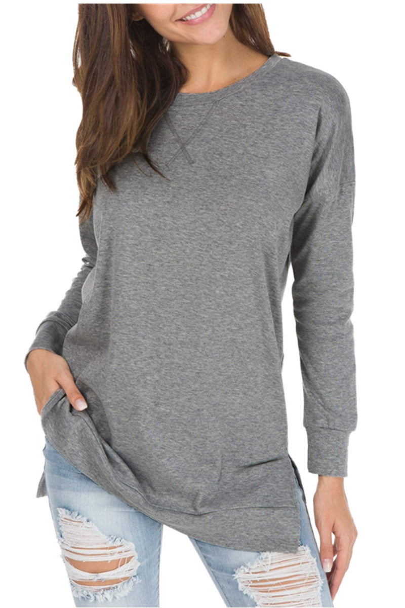 levaca Womens O Neck Plain Side Split Loose Casual Baggy Pullover Dark Gray S - Image 5