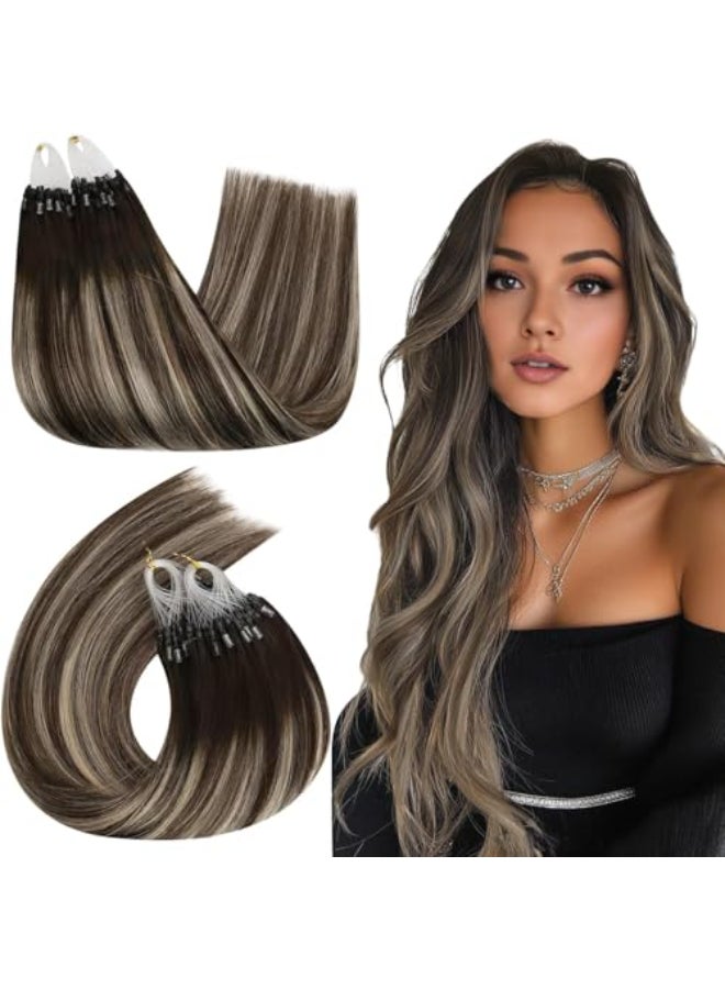 Ugeat Micro Loop Hair Extensions Balayage Micro Link Hair Extensions Human Hair Dark Brown Mix Ash Brown Balayage Microbeads Hair Extensions Real Human Hair for Women 16 Inch 57G 50S