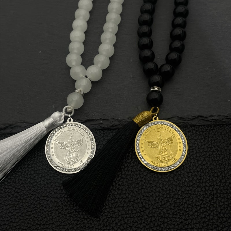 Saint Michael Archangel Badge Car Pendant Silvery Stainless Steel Knight Shield Glass Chain Gift - Image 4