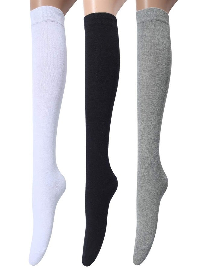 Leotruny 3 Pairs Women's Cotton Opaque Knee High Socks (C06-3 Pairs White Black Gray) - Image 1