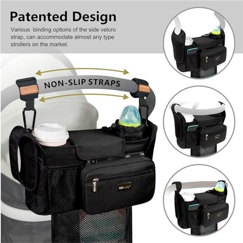 TOPDesign Universal Baby Stroller Organizer, Stroller Caddy with Detachable Mesh Bag & Heightened Insulated Cup Holders & Non-Slip Secure Hooks Accessories, Fits Most Strollers (Sharks) - Image 4