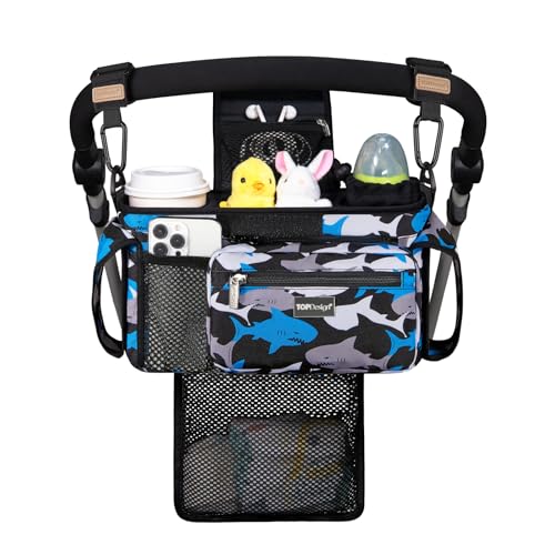 TOPDesign Universal Baby Stroller Organizer, Stroller Caddy with Detachable Mesh Bag & Heightened Insulated Cup Holders & Non-Slip Secure Hooks Accessories, Fits Most Strollers (Sharks) - Image 1