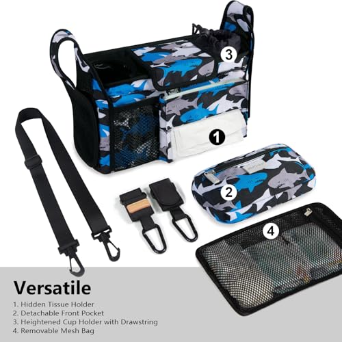 TOPDesign Universal Baby Stroller Organizer, Stroller Caddy with Detachable Mesh Bag & Heightened Insulated Cup Holders & Non-Slip Secure Hooks Accessories, Fits Most Strollers (Sharks) - Image 2