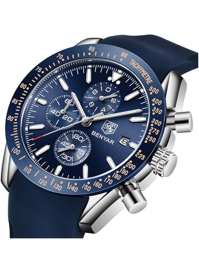 BENYAR - Mens Watch Waterproof Chronograph Date Watch for Men Rubber Strap Quartz Movement Analog Watch Business Casual Gift for Men - Image 1