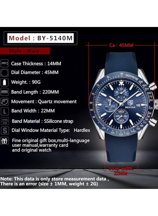 BENYAR - Mens Watch Waterproof Chronograph Date Watch for Men Rubber Strap Quartz Movement Analog Watch Business Casual Gift for Men - Image 1