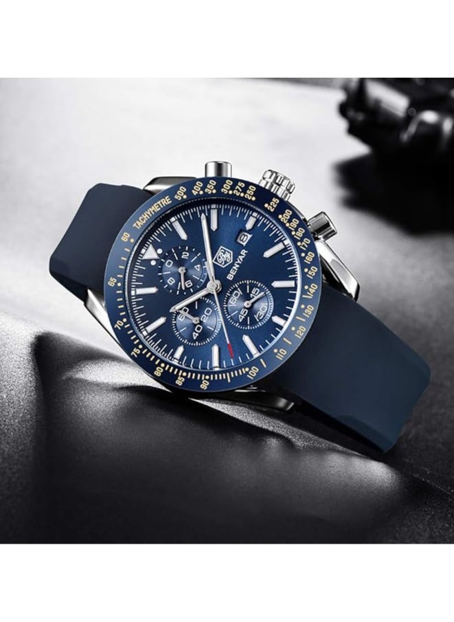 BENYAR - Mens Watch Waterproof Chronograph Date Watch for Men Rubber Strap Quartz Movement Analog Watch Business Casual Gift for Men - Image 1