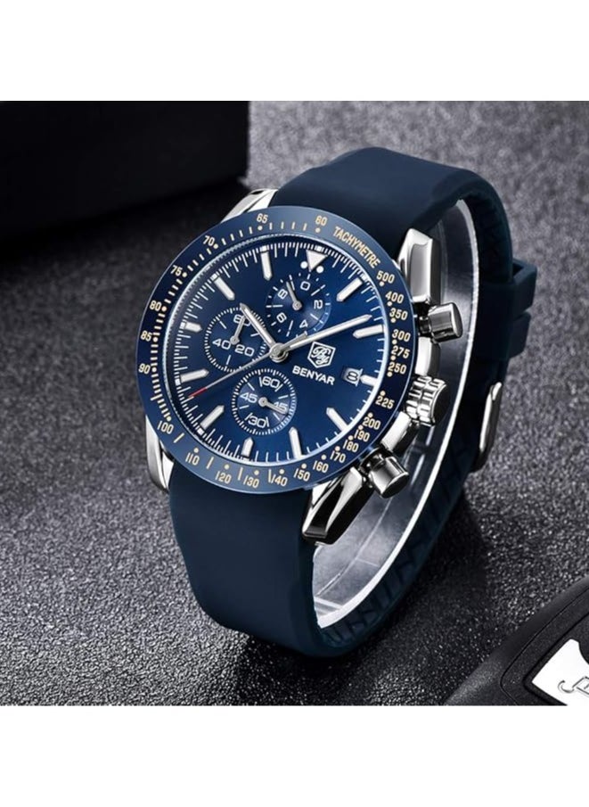 BENYAR - Mens Watch Waterproof Chronograph Date Watch for Men Rubber Strap Quartz Movement Analog Watch Business Casual Gift for Men - Image 1
