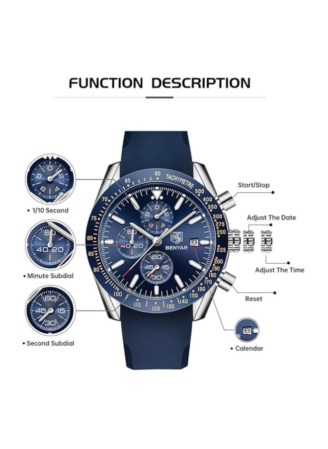 BENYAR - Mens Watch Waterproof Chronograph Date Watch for Men Rubber Strap Quartz Movement Analog Watch Business Casual Gift for Men - Image 1