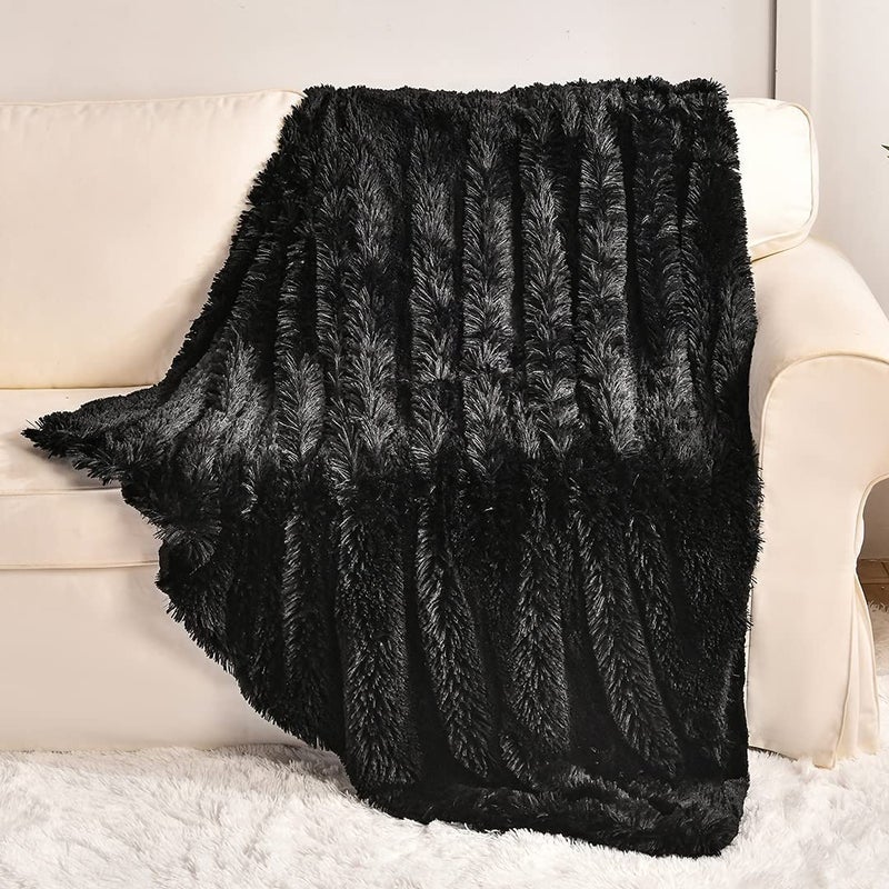 YUSOKI Black Faux Fur Throw Blanket,2 Layers,50" x 60", Soft Fuzzy Fluffy Plush Furry Comfy Warm Cozy Blanket for Couch Bed Chair Sofa Bedroom Mens Gift - Image 1