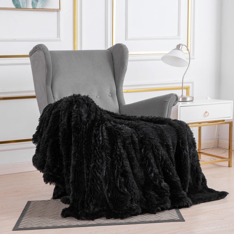 YUSOKI Black Faux Fur Throw Blanket,2 Layers,50" x 60", Soft Fuzzy Fluffy Plush Furry Comfy Warm Cozy Blanket for Couch Bed Chair Sofa Bedroom Mens Gift - Image 4