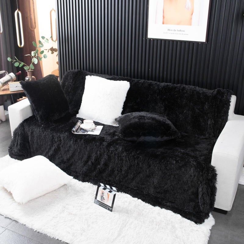 YUSOKI Black Faux Fur Throw Blanket,2 Layers,50" x 60", Soft Fuzzy Fluffy Plush Furry Comfy Warm Cozy Blanket for Couch Bed Chair Sofa Bedroom Mens Gift - Image 3